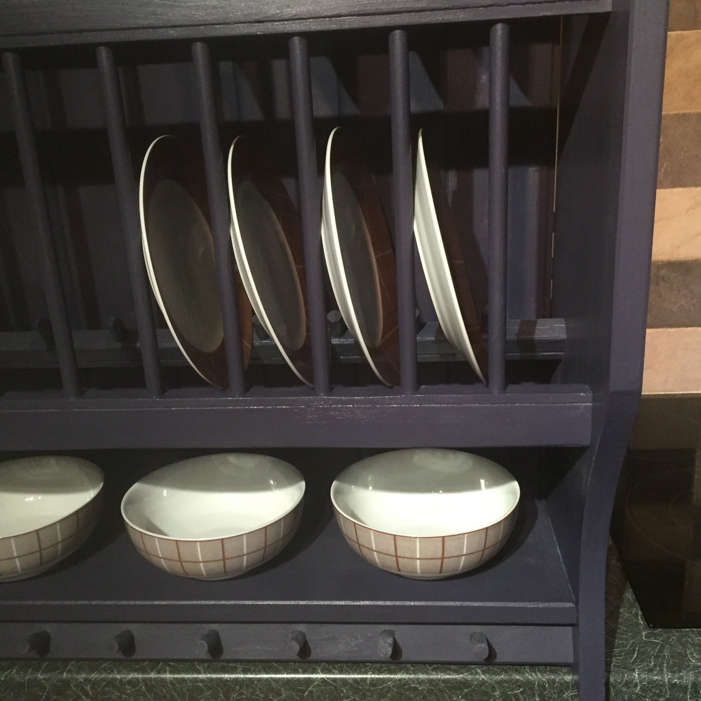 The Amber kitchen pine handmade plate rack available in your chosen f&b colour