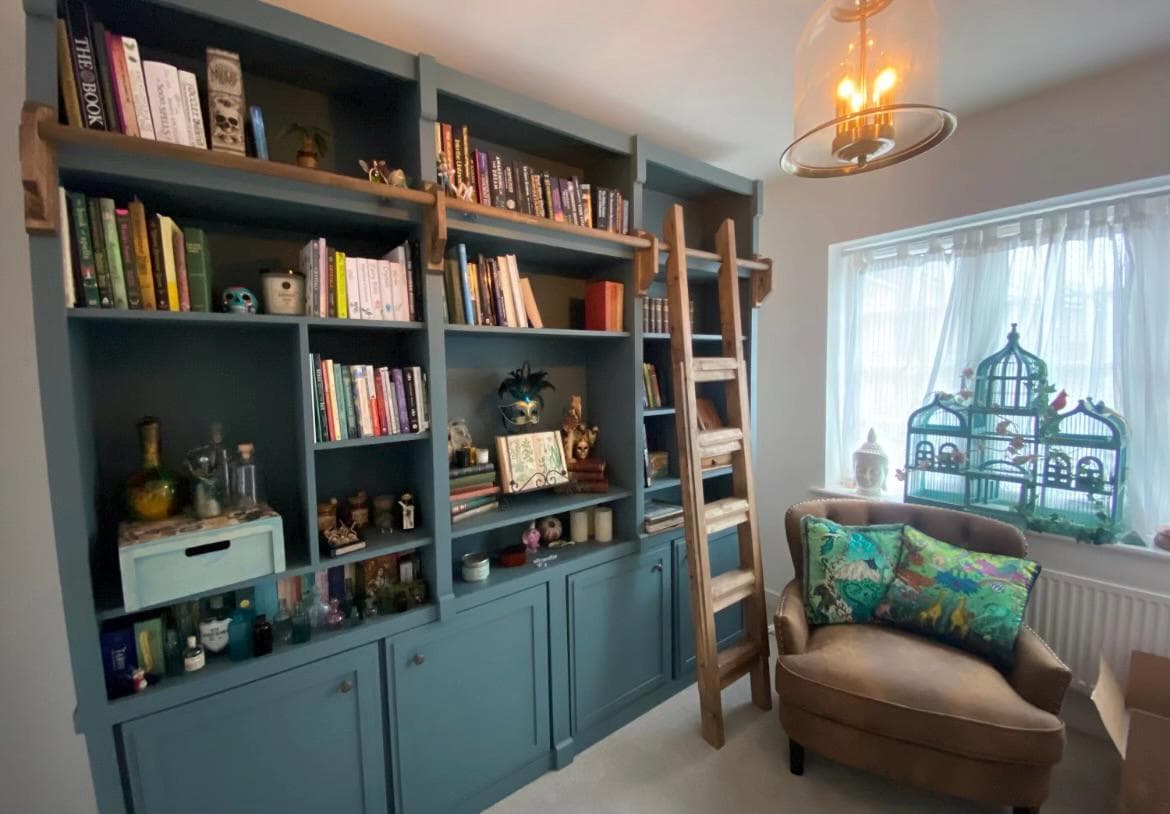 Warminster bookcase library handcrafted bespoke made to order deposit option available finished in your chosen colour choice