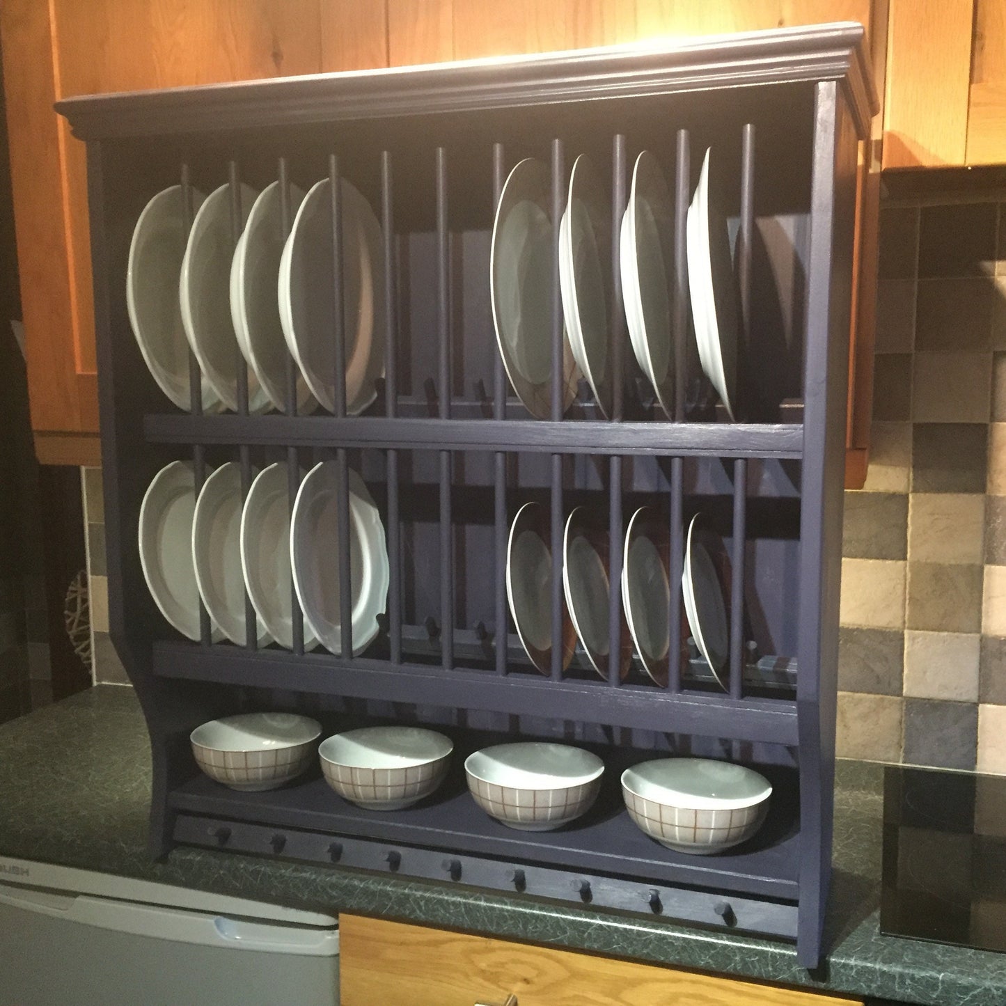 The Amber kitchen pine handmade plate rack available in your chosen f&b colour