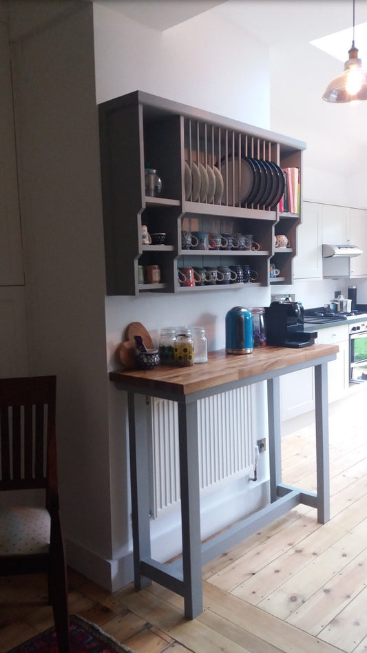 The ultimate Barista set includes kitchen pine handmade plate/cup shelf rack and slimline table