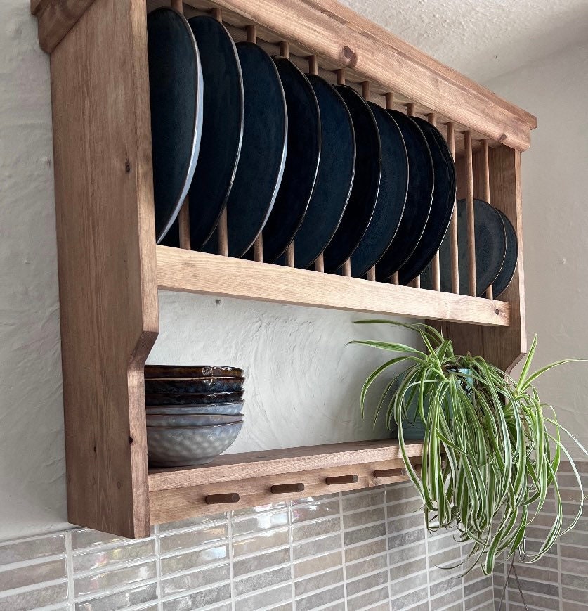 The Cumbria handmade kitchen pine plate rack storage