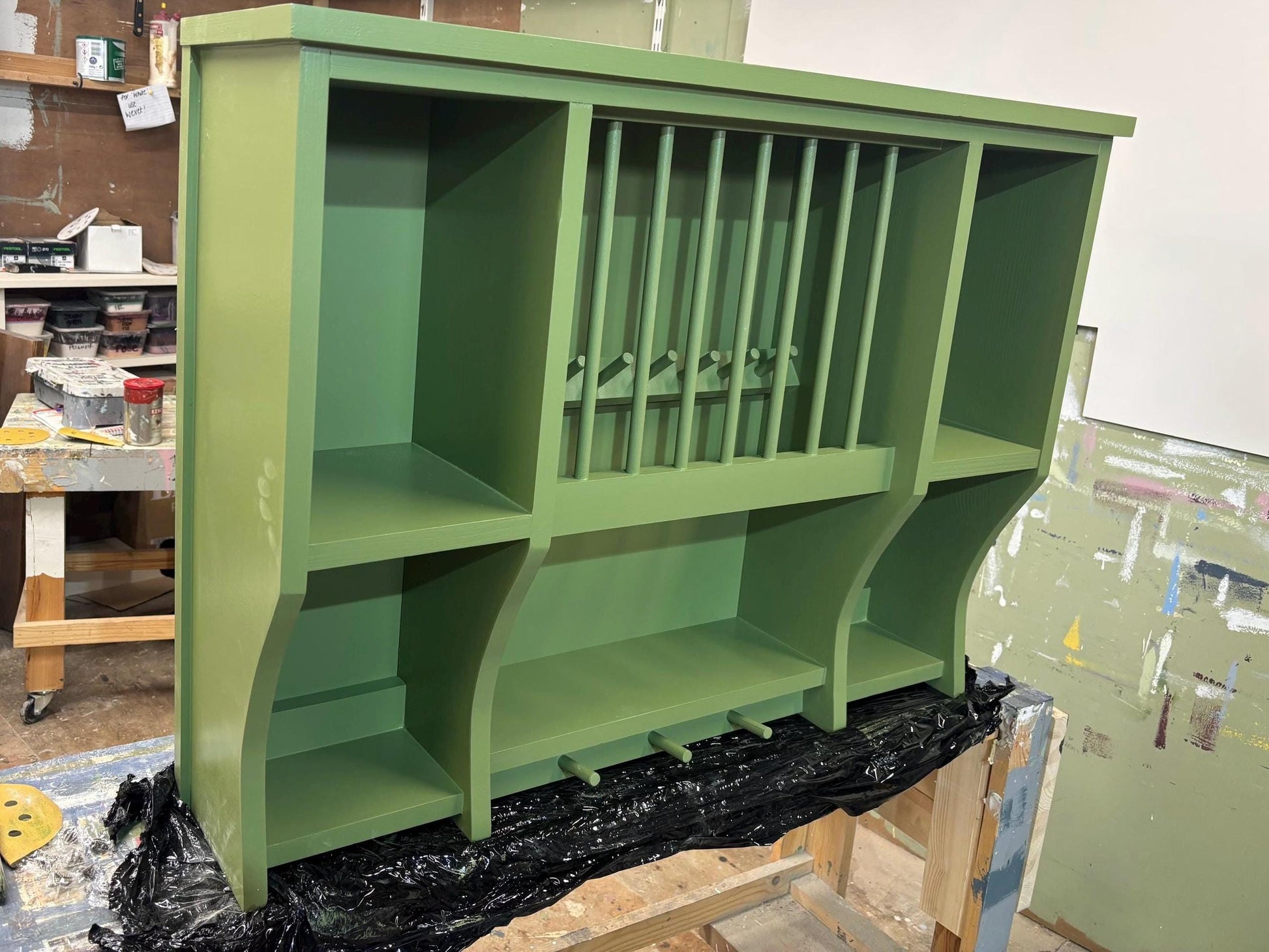 The Allsop handmade pine kitchen plate rack storage available in your chosen f&b colour